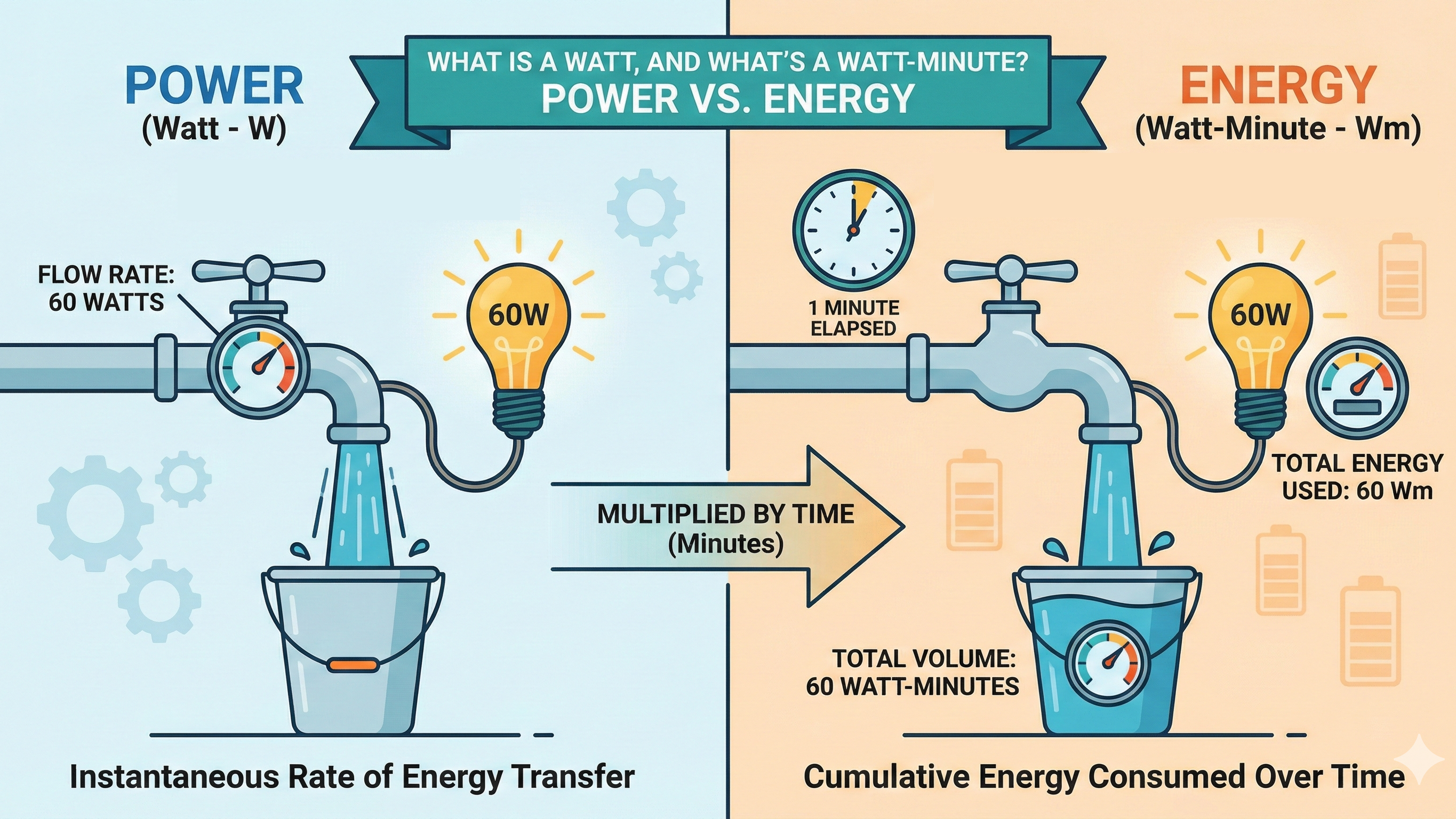 An infographic that shows how power, measured in watts, is like the instantaneous flow of water, while energy, measured in watt-minutes (or watt-hours) is like the amount of water that fills a bucket over time.