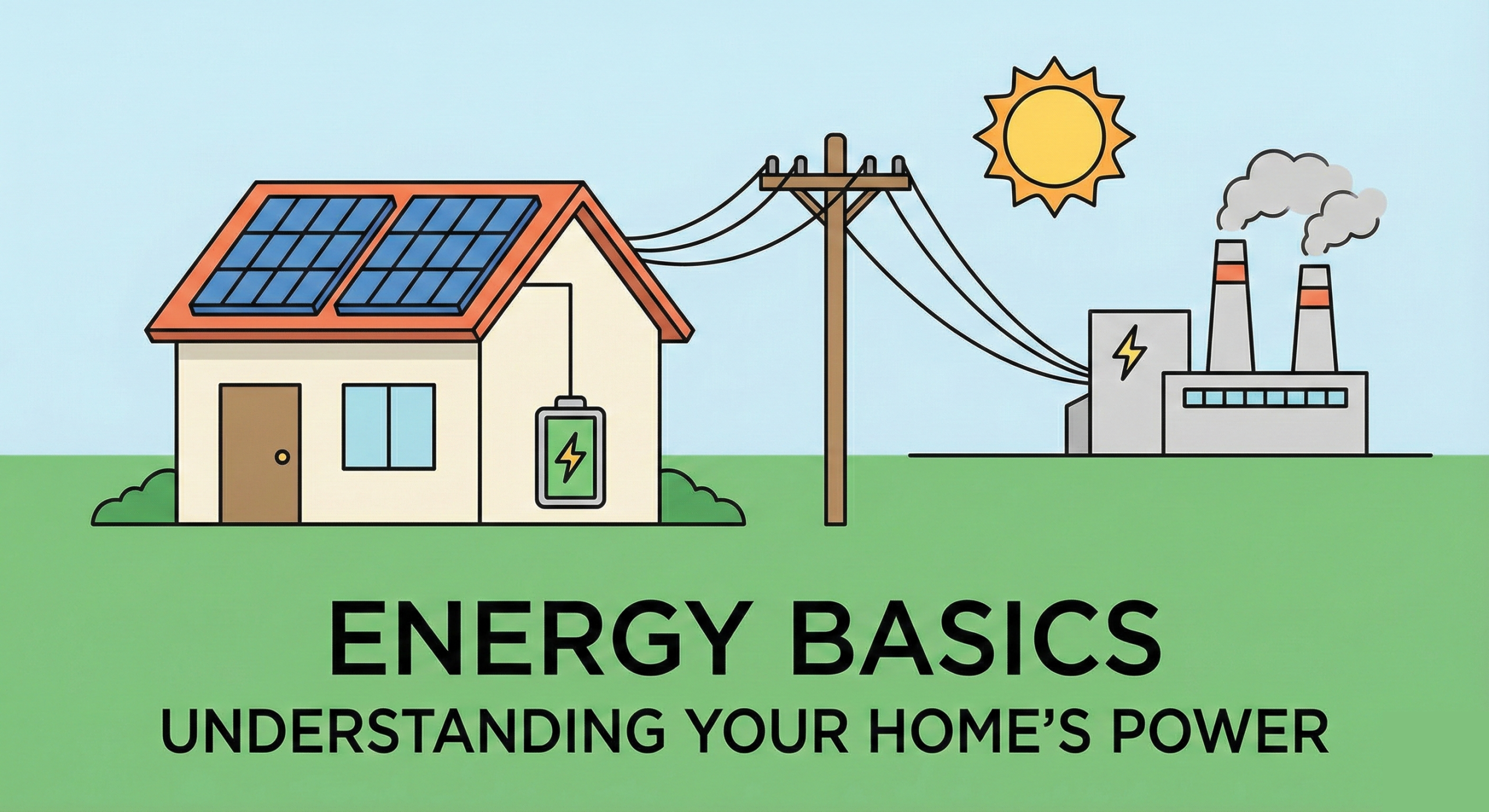 An illustration of a home with solar panels and a battery that is also connected to the grid